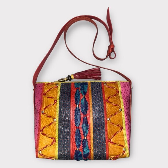 VTG Sharif Purse Multicolor Exotic Mixed Leather Crossbody Bag 80s USA Adjustabl - Picture 3 of 9